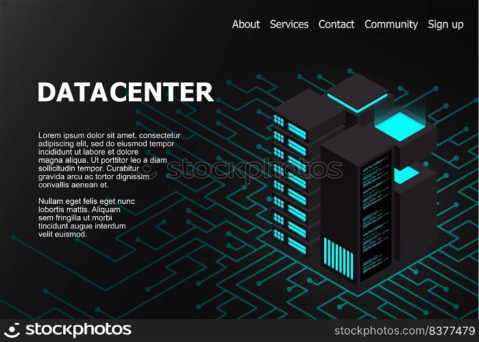 Isometric Data center. 3d isometric concept big data center with server. Creative vector illustration of server rack room. High technology vector illustration.