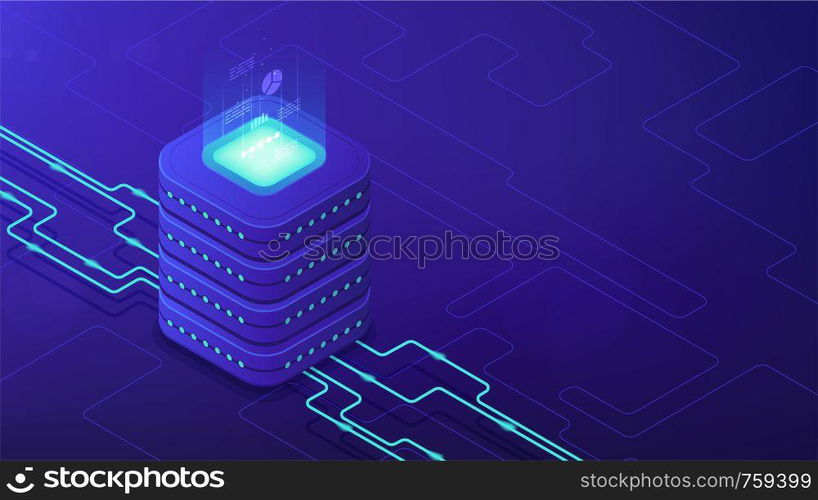 Isometric data center architecture concept. Dataflow, database engine design, parallel computing framework, equipment of data center facility on blue background. Vector 3d isometric illustration.. Isometric data center architecture concept.