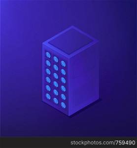 Isometric data center with plugged equipment. Data facility digital devices. Business IT operations equipment and system administration concept. Ultraviolet background. Vector 3d illustration.. Isometric data center. Vector 3d illustration.