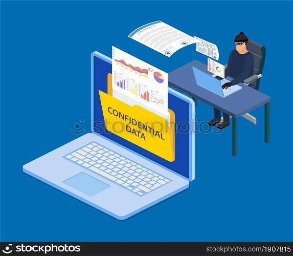 isometric Data phishing, hacker attack.Thief hacker in mask stealing personal information from laptop. Concept hacking. Vector illustration in flat style. Data phishing, hacker attack.
