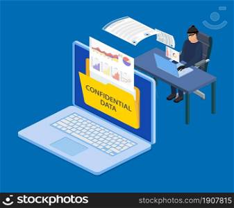 isometric Data phishing, hacker attack.Thief hacker in mask stealing personal information from laptop. Concept hacking. Vector illustration in flat style. Data phishing, hacker attack.