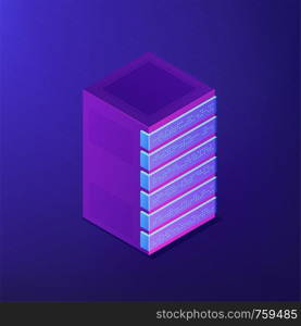 Isometric database concept. Organized with raws, columns and tables, collection of relevant information, access management and update on ultra violet background. Vector 3d isometric illustration.. Isometric database and big data concept.