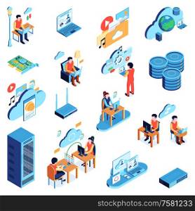 Isometric datacenter cloud service set with isolated human characters pictograms and icons of computer network essentials vector illustration