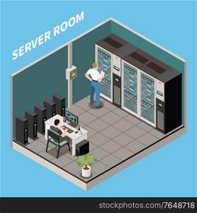 Isometric datacenter composition server room headline and engineers work in server room vector illustration