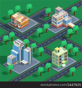 Isometric decorative icon set with buildings placed on the abstract streets with trees around vector illustration. Building Isometric Set