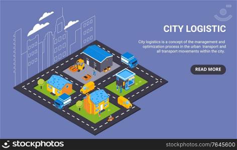 Isometric delivery concept horizontal banner with read more button text and view of city with transport vector illustration
