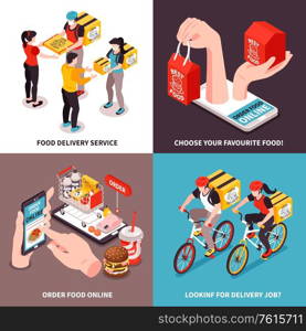 Isometric delivery food design concept with 2x2 compositions set text captions and images of fastfood meal vector illustration