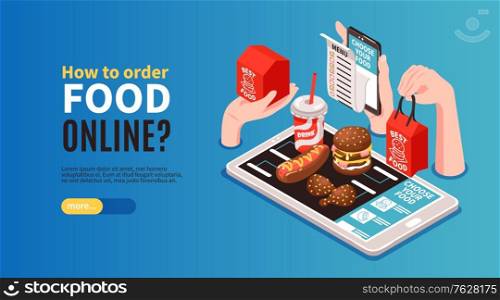 Isometric delivery food horizontal banner with images of fastfood meal on top of smartphone with text vector illustration