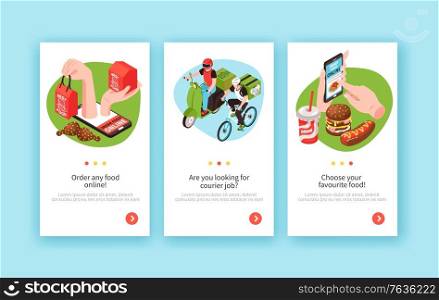 Isometric delivery food vertical banners set with page switch buttons text courier characters and goods images vector illustration