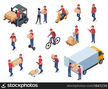 Isometric delivery men with boxes, warehouse workers, postmen. Couriers in uniform delivering packages on scooter, bike or cargo truck vector set. Employee carrying parcels from vehicles. Isometric delivery men with boxes, warehouse workers, postmen. Couriers in uniform delivering packages on scooter, bike or cargo truck vector set