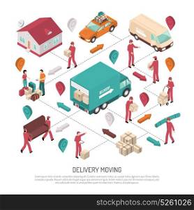 Isometric Delivery Moving Composition. Colored isometric delivery moving composition with path and ways of delivery by workers vector illustration