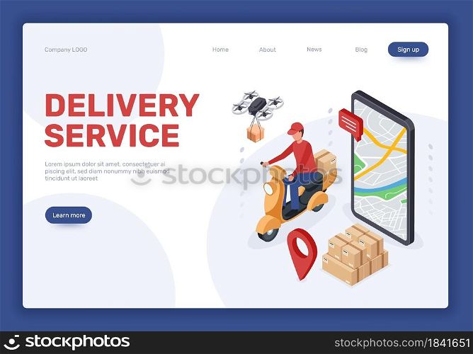 Isometric delivery service landing page, online shopping. Drone delivering packages, courier on scooter. Food delivery concept vector web banner. Shipping mobile application with map. Isometric delivery service landing page, online shopping. Drone delivering packages, courier on scooter. Food delivery concept vector web banner