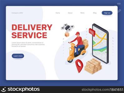 Isometric delivery service landing page, online shopping. Drone delivering packages, courier on scooter. Food delivery concept vector web banner. Shipping mobile application with map. Isometric delivery service landing page, online shopping. Drone delivering packages, courier on scooter. Food delivery concept vector web banner