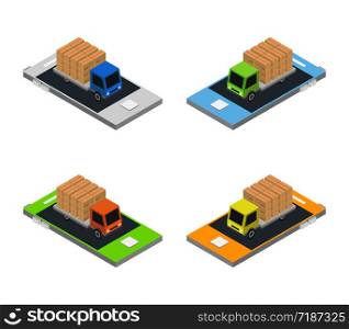 isometric delivery truck on smartphone