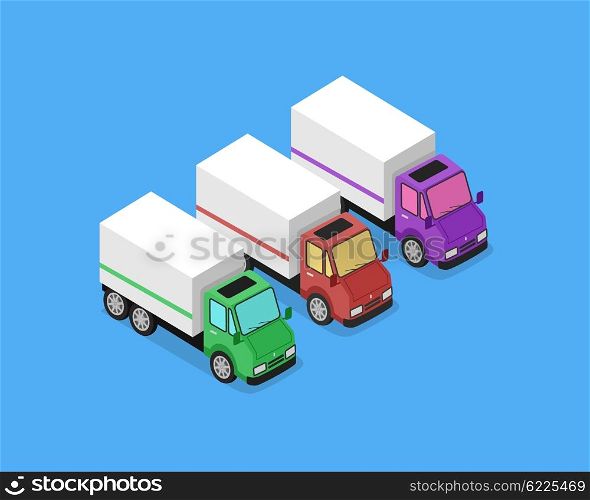 Isometric Delivery Van Car Icon. Isometric delivery lorry car icon. Three 3d delivery vector truck. Service van fast delivery concept. Isometric cargo vehicle van transport truck car isolated on blue background