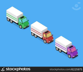 Isometric Delivery Van Car Icon. Isometric delivery lorry car icon. Three 3d delivery vector truck. Service van fast delivery concept. Isometric cargo vehicle van transport truck car isolated on blue background