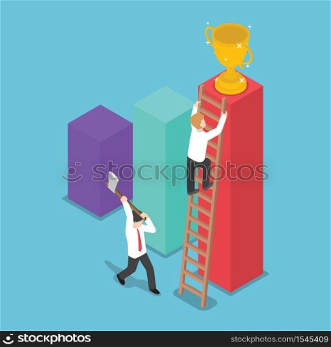 Isometric design businessman destroy the ladder of success of his rival by using axe, VECTOR, EPS10
