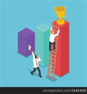 Isometric design businessman destroy the ladder of success of his rival by using axe, VECTOR, EPS10