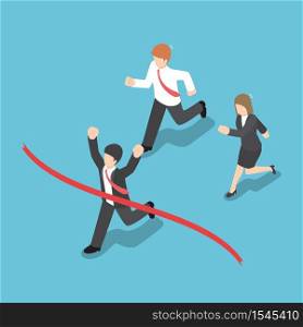 Isometric design businessman winning competition and crossing the finish line, VECTOR, EPS10