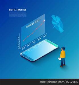 Isometric design concept business strategy. 3d isometric flat design. Analysis data and Investment. Business success. Financial review with smartphone and infographic elements. Vector illustration
