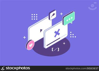 Isometric design concept of social media app and video marketing. Isometric illustrations design concept mobile technology solution on top with video platform.