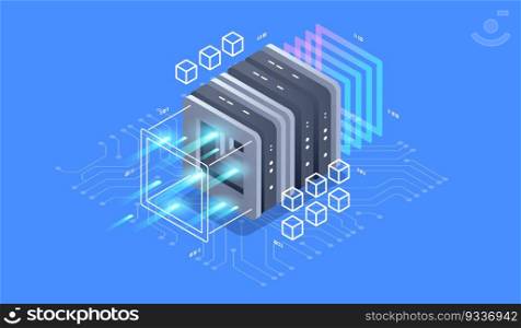 Isometric design concept virtual reality and augmented reality. software development and programming. Computation of big data center, quantum computer isometric vector technology