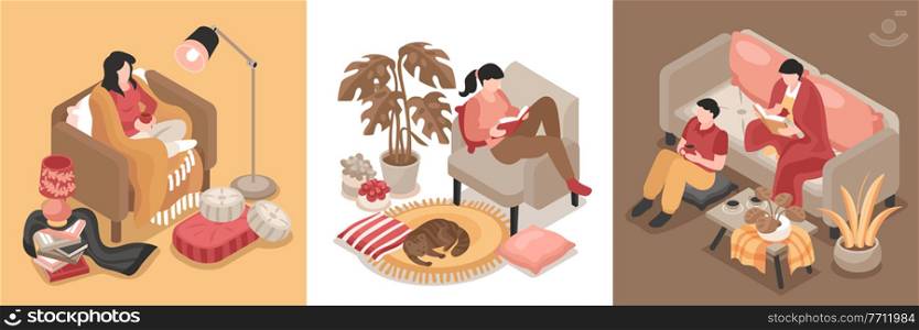 Isometric design concept with people and pets resting in cozy interior rooms 3d isolated vector illustration. Cozy Design Concept