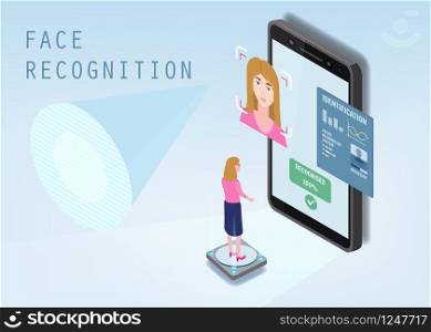 Isometric design. The smartphone scans the face of a person. Biometric identification, female. Isometric design. The smartphone scans the face of a person. Biometric identification, female. The smartphone scans the face of a person, forming a polygonal grid consisting of lines and points. Mobile application for face recognition. Vector illustration isolated template landing page