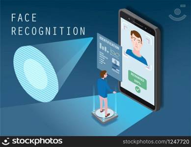 Isometric design. The smartphone scans the face of a person. Biometric identification, male. Isometric design. The smartphone scans the face of a person. Biometric identification, male. The smartphone scans the face of a person, forming a polygonal grid consisting of lines and points. Mobile application for face recognition. Vector illustration isolated template landing page