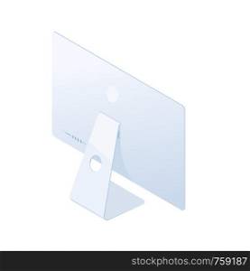 Isometric desktop computer in white body, back side isolated on white background. Technology and computing design element. Vector 3d cartoon.. Isometric desktop computer, back side, isolated on white background.