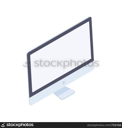 Isometric desktop computer with blank display in white body isolated on white background. Realistic computer to showcase apps, websites and digital tools on a screen. Vector 3d cartoon.. Isometric desktop computer isolated on white background.