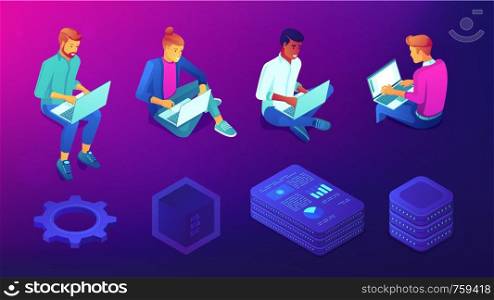 Isometric developers, programmers and designers with laptops set. Blockchain, IT technology and coding symbols on ultraviolet background. Vector 3d illustrations set.. Isometric people with laptops and technology elements set.