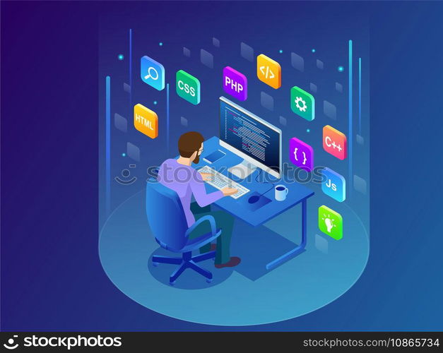 Isometric developing programming and coding vector image