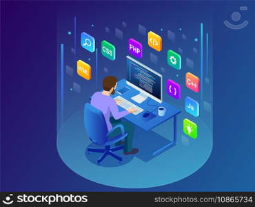 Isometric developing programming and coding vector image