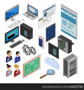 Isometric Development Icons . Development isometric decorative icons set with programmers staff site map laptop smartphone system unit isolated elements flat vector illustration