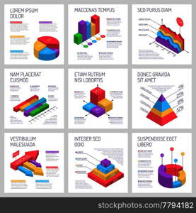 Isometric diagrams infographics banners collection with compositions of text and nine isolated colourful three-dimensional graphs vector illustration. Square Infographic Banners Set