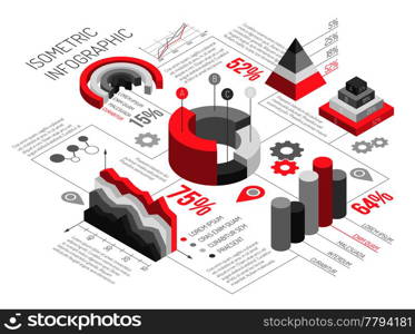Isometric diagrams infographics black and white with solid geometric objects for graphs and diagrams with text vector illustration. Isometric Geometric Solid Infographics