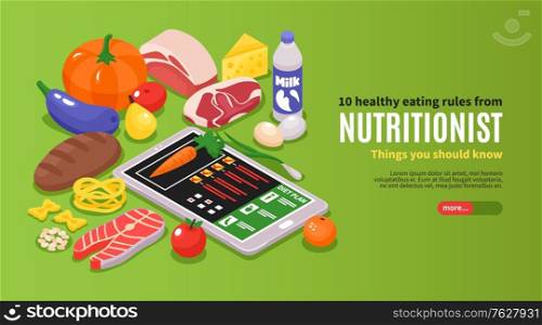 Isometric dietician nutritionist horizontal banner with editable text and images of ripe food with gadget statistics vector illustration
