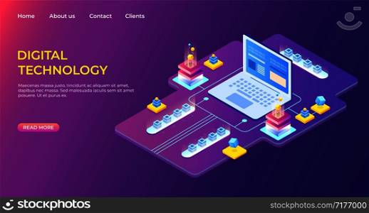 Isometric digital technology landing page. Business success. Computer monitor with infographic elements. Design for presentation. High detailed vector illustration. Isometric digital technology landing page. Business success. Computer monitor with infographic elements. High detailed vector illustration