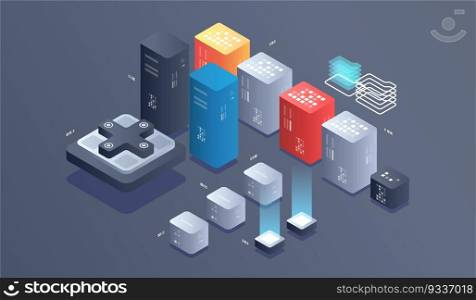 Isometric Digital Technology Web Banner. BIG DATA Machine Learning Algorithms. interacting Data analysis, research, audit, demographics, Artificial Intelligence, isometric visualization concept