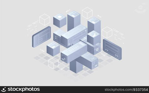 Isometric Digital Technology Web Banner. BIG DATA Machine Learning Algorithms. interacting Data analysis, research, audit, demographics, Artificial Intelligence, isometric visualization concept