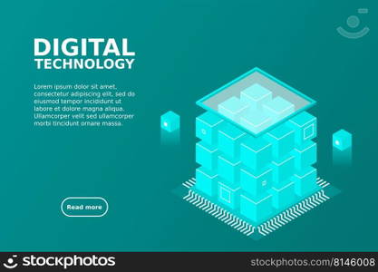 Isometric Digital Technology Web Banner. BIG DATA Machine Learning Algorithms. Analysis and Information. Big Data Access Storage Distribution Information Management and Analysis.