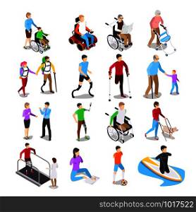 Isometric disabled people. Disability care, disabled elderly senior in wheelchair and limb prosthetics. Disabilities people working, physiotherapy rehabilitation exercise vector isolated icons set. Isometric disabled people. Disability care, disabled elderly senior in wheelchair and limb prosthetics vector set