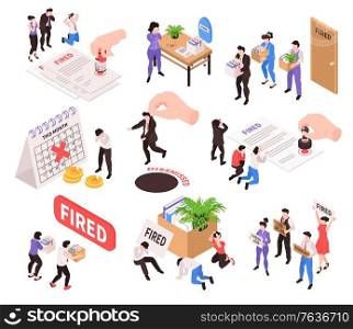 Isometric dismissal fired need job set of isolated icons and human characters of workers with goods vector illustration