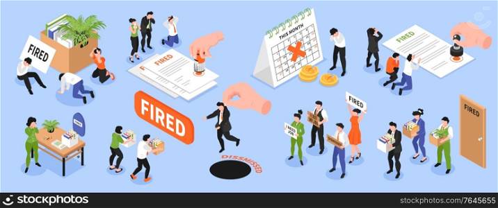 Isometric dismissal set of isolated icons with document stamps and characters of unhappy workers with belongings vector illustration