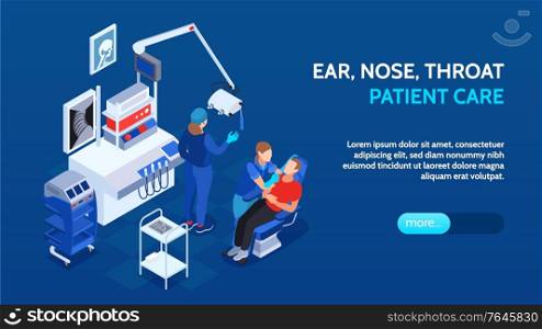 Isometric doctor ent horizontal banner with editable text slider more button and images of medical station vector illustration
