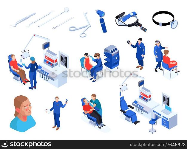 Isometric doctor ent specialist set of isolated icons human characters and images of medical appliances instruments vector illustration