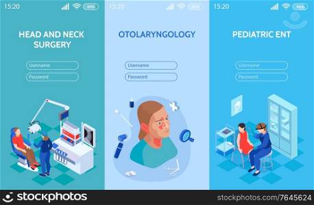 Isometric doctor ent vertical banners set for mobile website with fields for entering username and password vector illustration