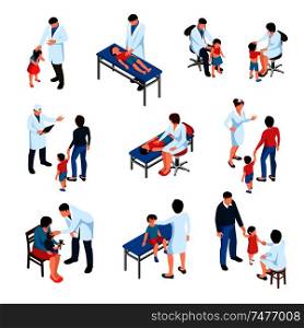Isometric doctor pediatrician medicine set of isolated human characters with kids and medical specialists with parents vector illustration
