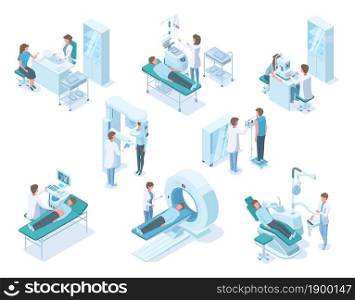 Isometric doctors and patients with hospital medical diagnostic equipment. Hospital diagnostic, patients examined and treated vector illustration set. Medical examination isometric 3d. Isometric doctors and patients with hospital medical diagnostic equipment. Hospital diagnostic, patients examined and treated vector illustration set. Medical examination